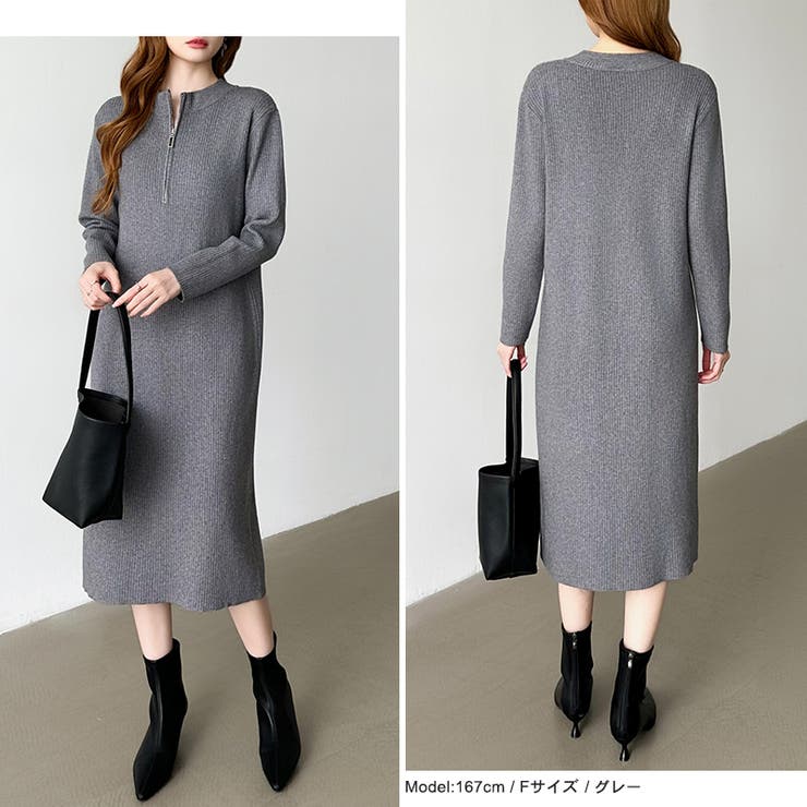 ハーフジップワンピース ニットワンピース リブニット | COCOMOMO | 詳細画像7 