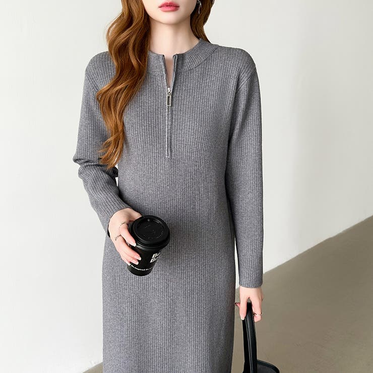 ハーフジップワンピース ニットワンピース リブニット | COCOMOMO | 詳細画像8 