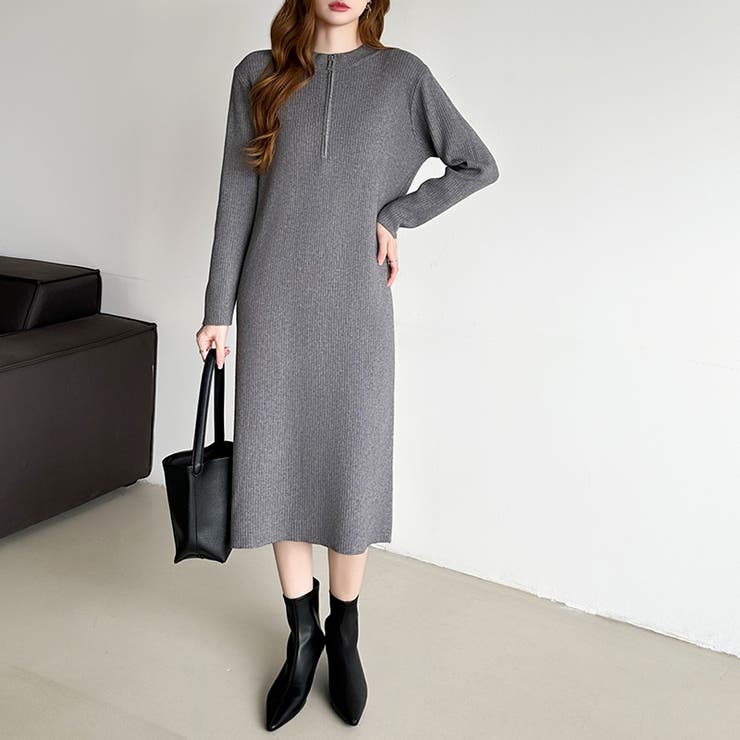 ハーフジップワンピース ニットワンピース リブニット | COCOMOMO | 詳細画像9 