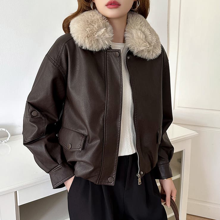 ふわふわファー付きレザーブルゾン フェイクレザーブルゾン 裏起毛 | COCOMOMO | 詳細画像10 