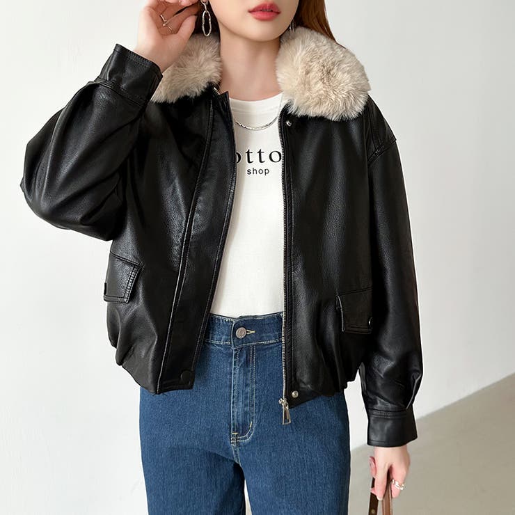 ふわふわファー付きレザーブルゾン フェイクレザーブルゾン 裏起毛