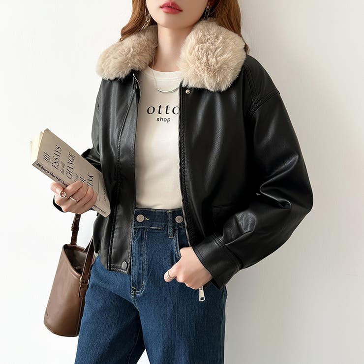 ふわふわファー付きレザーブルゾン フェイクレザーブルゾン 裏起毛 | COCOMOMO | 詳細画像14 