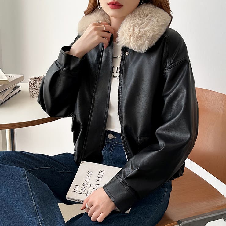 ふわふわファー付きレザーブルゾン フェイクレザーブルゾン 裏起毛 | COCOMOMO | 詳細画像17 