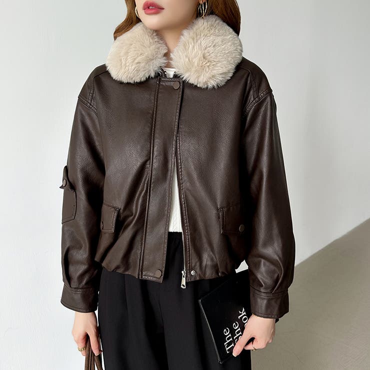 ふわふわファー付きレザーブルゾン フェイクレザーブルゾン 裏起毛 | COCOMOMO | 詳細画像2 