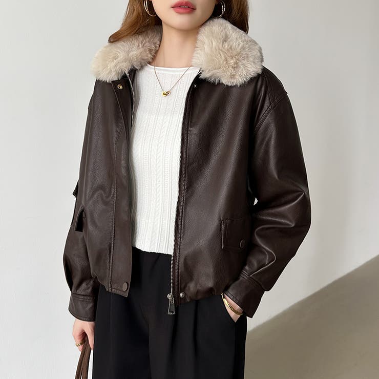 ふわふわファー付きレザーブルゾン フェイクレザーブルゾン 裏起毛