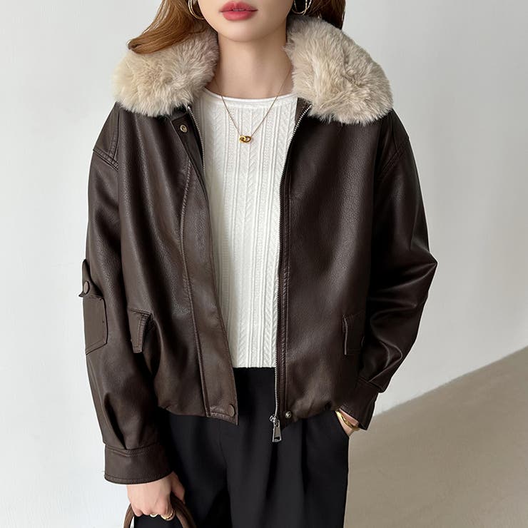 ふわふわファー付きレザーブルゾン フェイクレザーブルゾン 裏起毛