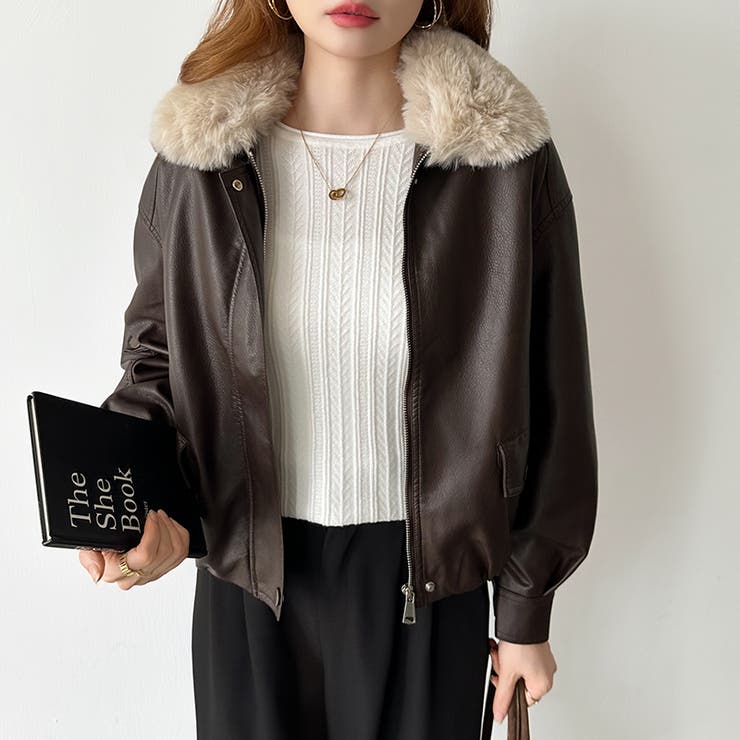 ふわふわファー付きレザーブルゾン フェイクレザーブルゾン 裏起毛 | COCOMOMO | 詳細画像8 