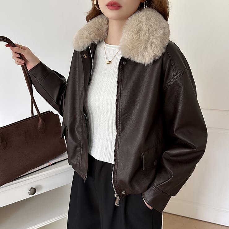 ふわふわファー付きレザーブルゾン フェイクレザーブルゾン 裏起毛 | COCOMOMO | 詳細画像9 