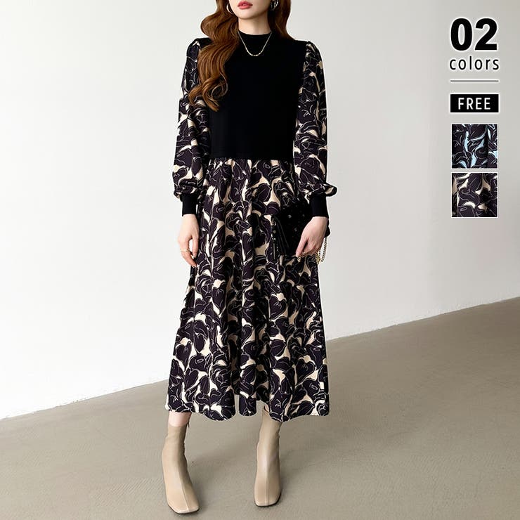 ベージュ | ボタニカル柄ドッキングワンピース ドッキングワンピース オフィスカジュアル | COCOMOMO