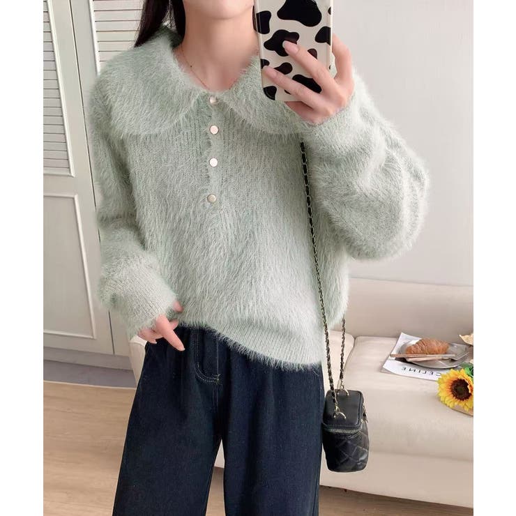 ふわふわシャギーポロニット シャギーニット 韓国ファッション[品番