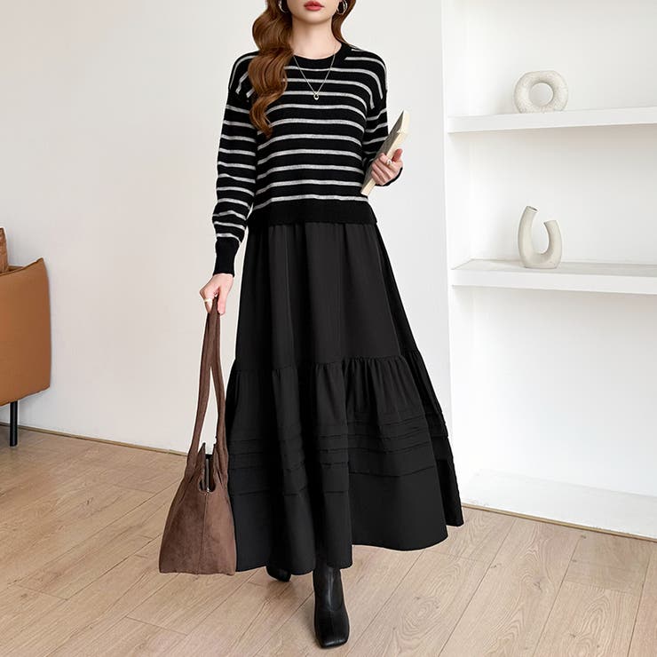 ボーダーニットドッキングワンピース ワンピース ティアードワンピース | COCOMOMO | 詳細画像10 