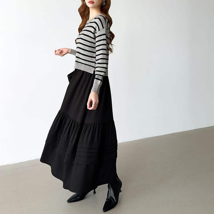 ボーダーニットドッキングワンピース ワンピース ティアードワンピース | COCOMOMO | 詳細画像12 