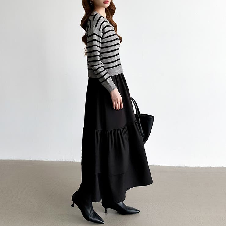 ボーダーニットドッキングワンピース ワンピース ティアードワンピース | COCOMOMO | 詳細画像13 