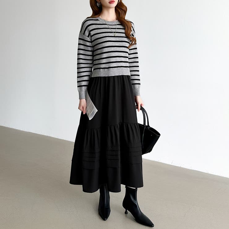 ボーダーニットドッキングワンピース ワンピース ティアードワンピース | COCOMOMO | 詳細画像14 