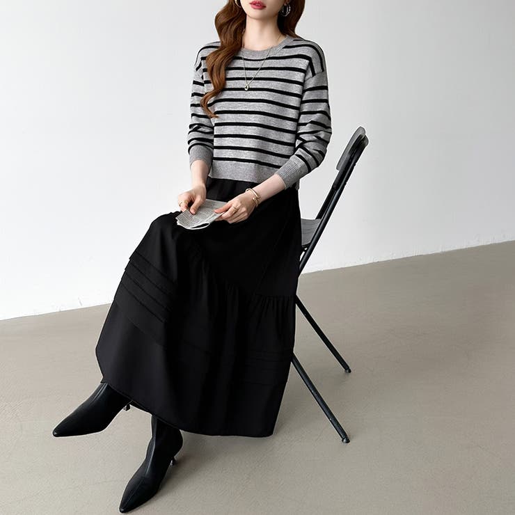 ボーダーニットドッキングワンピース ワンピース ティアードワンピース | COCOMOMO | 詳細画像17 