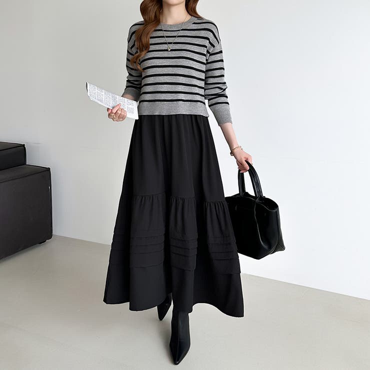 ボーダーニットドッキングワンピース ワンピース ティアードワンピース | COCOMOMO | 詳細画像18 