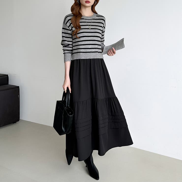 ボーダーニットドッキングワンピース ワンピース ティアードワンピース | COCOMOMO | 詳細画像19 