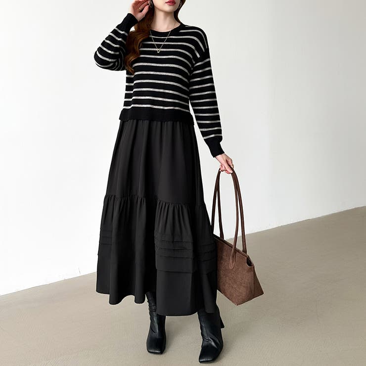 ボーダーニットドッキングワンピース ワンピース ティアードワンピース | COCOMOMO | 詳細画像3 