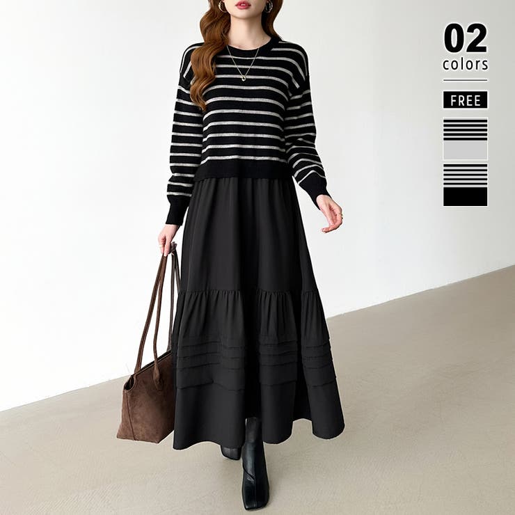 ブラック | ボーダーニットドッキングワンピース ワンピース ティアードワンピース | COCOMOMO