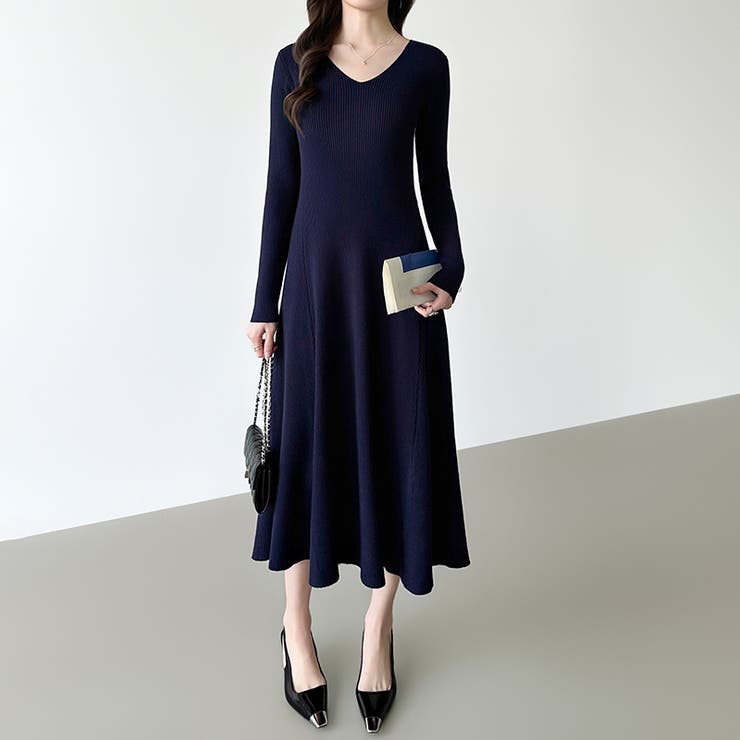 フレアニットワンピース フレアワンピース Vネックワンピース | COCOMOMO | 詳細画像2 