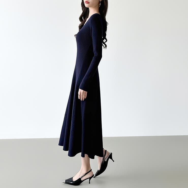 フレアニットワンピース フレアワンピース Vネックワンピース | COCOMOMO | 詳細画像3 