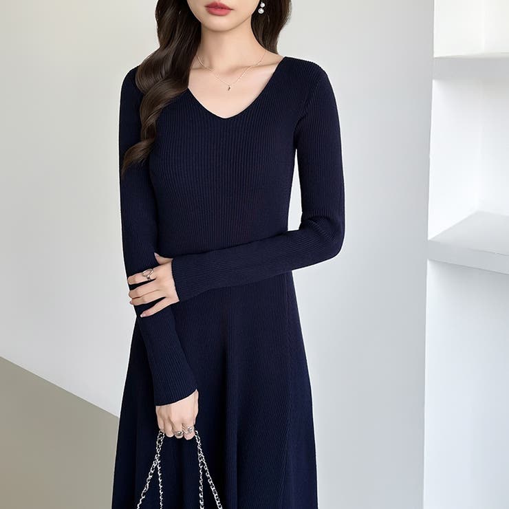 フレアニットワンピース フレアワンピース Vネックワンピース | COCOMOMO | 詳細画像5 