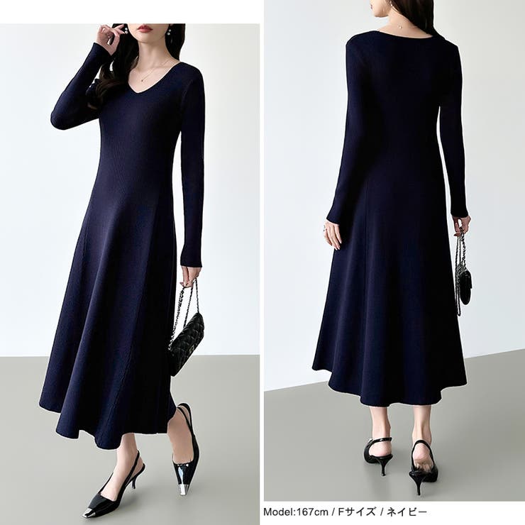 フレアニットワンピース フレアワンピース Vネックワンピース | COCOMOMO | 詳細画像7 