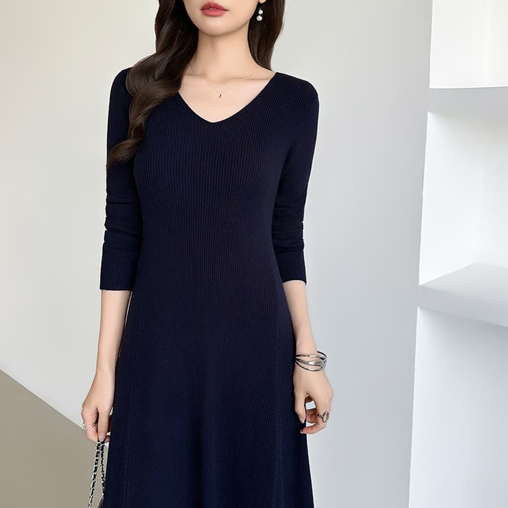 フレアニットワンピース フレアワンピース Vネックワンピース | COCOMOMO | 詳細画像8 