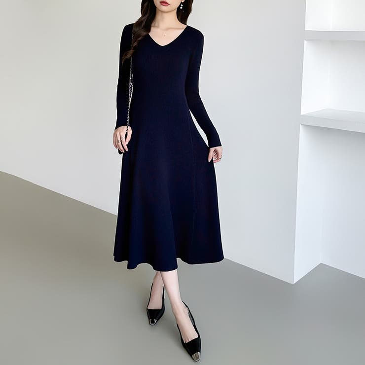 フレアニットワンピース フレアワンピース Vネックワンピース | COCOMOMO | 詳細画像9 