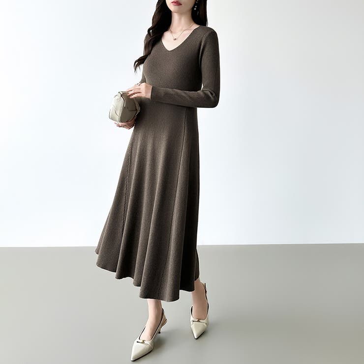 フレアニットワンピース フレアワンピース Vネックワンピース | COCOMOMO | 詳細画像12 