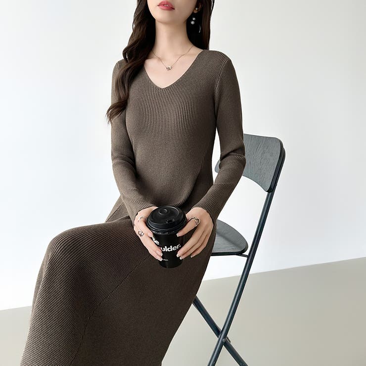 フレアニットワンピース フレアワンピース Vネックワンピース | COCOMOMO | 詳細画像15 