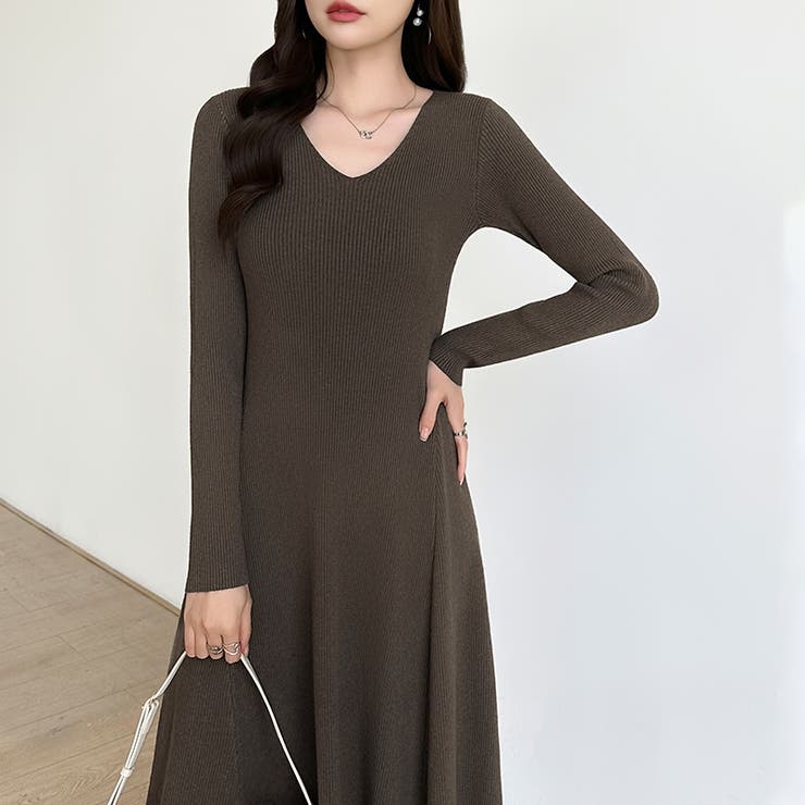 フレアニットワンピース フレアワンピース Vネックワンピース | COCOMOMO | 詳細画像17 