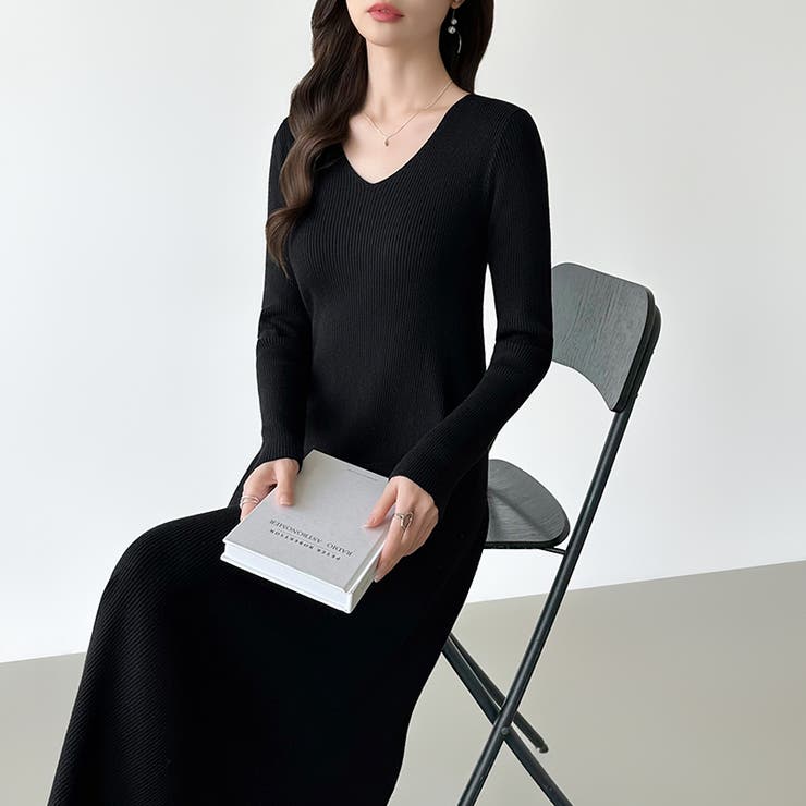 フレアニットワンピース フレアワンピース Vネックワンピース | COCOMOMO | 詳細画像24 