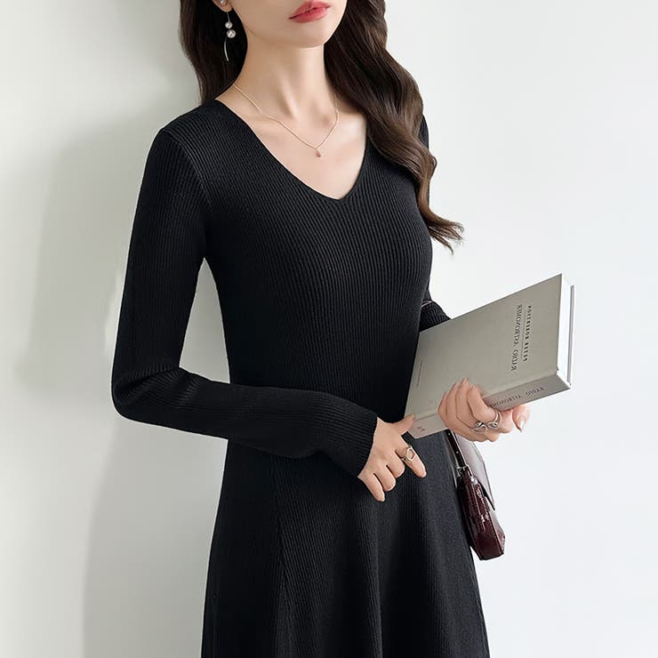 フレアニットワンピース フレアワンピース Vネックワンピース | COCOMOMO | 詳細画像25 