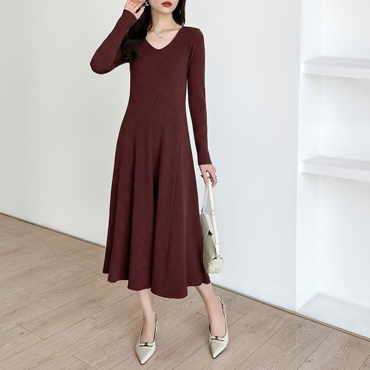 フレアニットワンピース フレアワンピース Vネックワンピース | COCOMOMO | 詳細画像32 