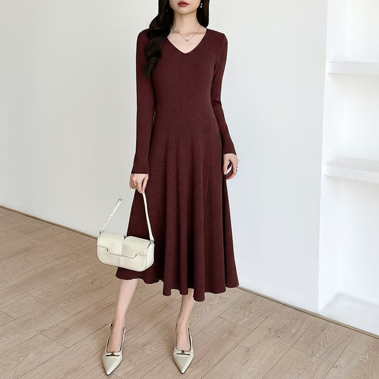 フレアニットワンピース フレアワンピース Vネックワンピース | COCOMOMO | 詳細画像33 