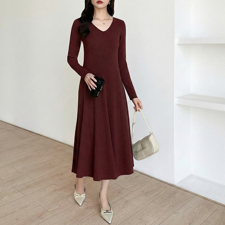 フレアニットワンピース フレアワンピース Vネックワンピース | COCOMOMO | 詳細画像34 