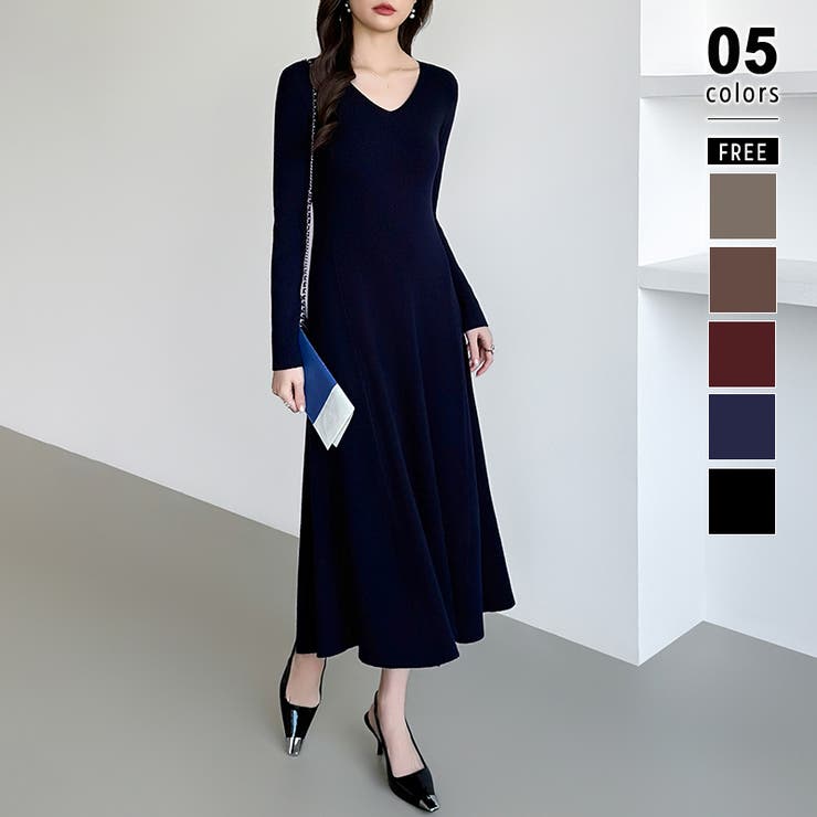 ネイビー | フレアニットワンピース フレアワンピース Vネックワンピース | COCOMOMO