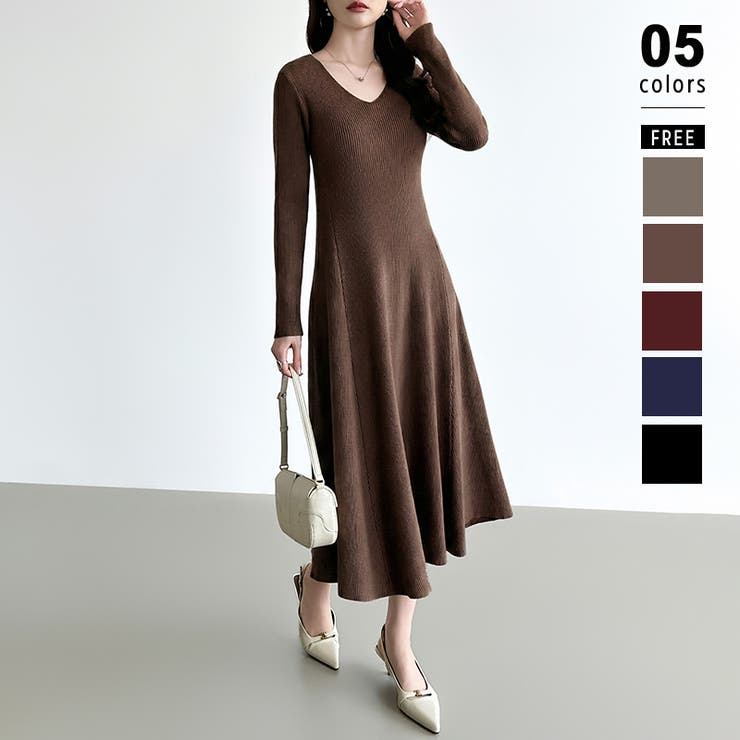 ダークブラウン | フレアニットワンピース フレアワンピース Vネックワンピース | COCOMOMO