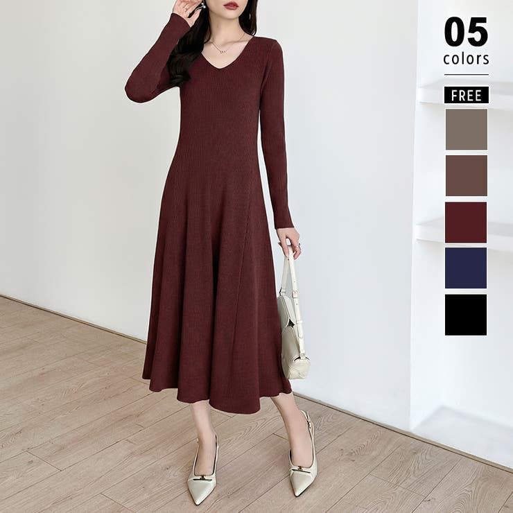 ワイン | フレアニットワンピース フレアワンピース Vネックワンピース | COCOMOMO