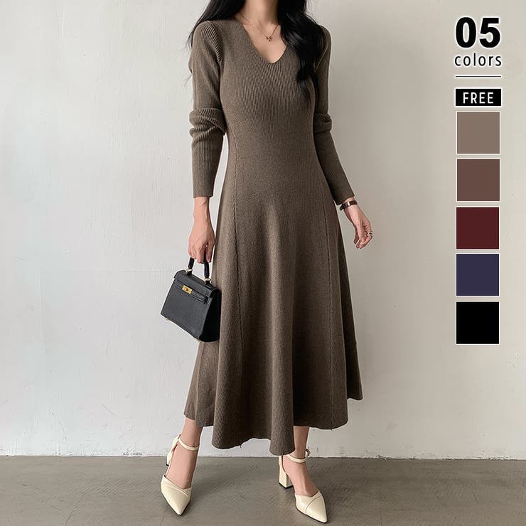 フレアニットワンピース フレアワンピース Vネックワンピース[品番