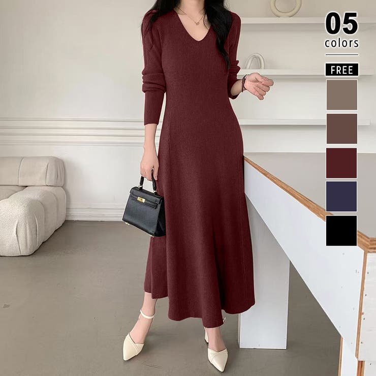 フレアニットワンピース フレアワンピース Vネックワンピース[品番