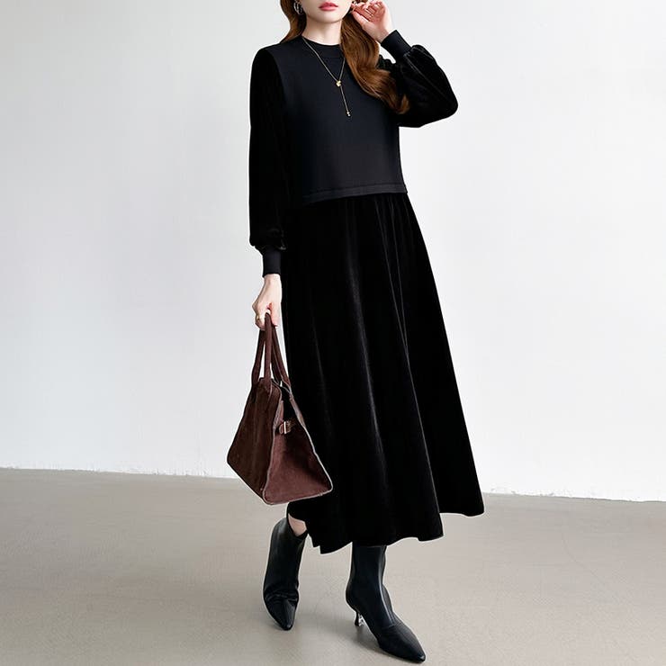 ベロアワンピース ドッキングワンピース オフィスカジュアル | COCOMOMO | 詳細画像13 