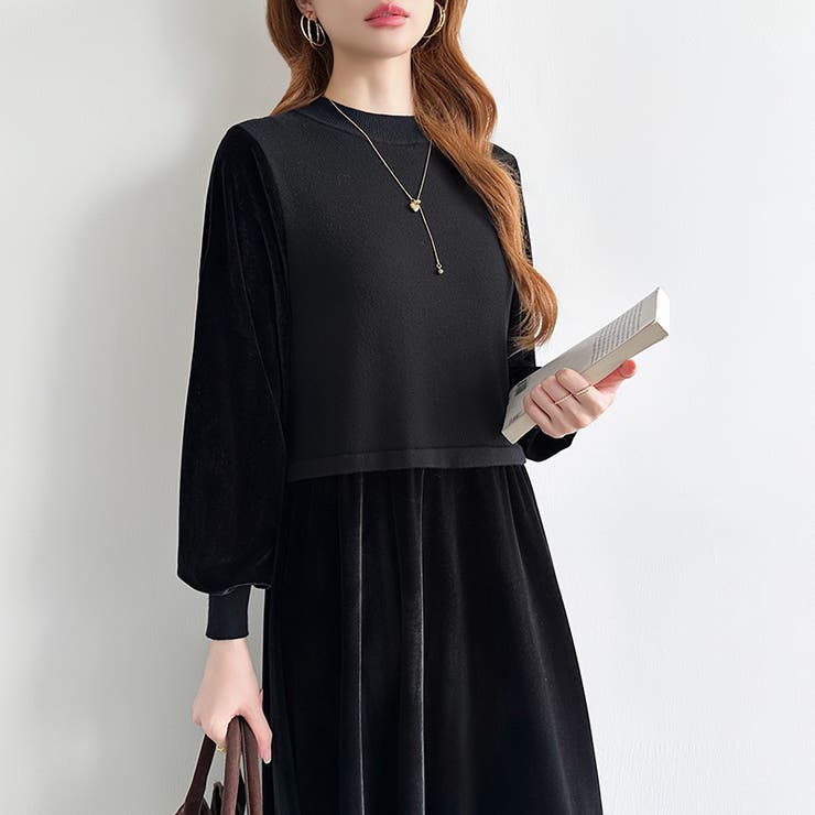 ベロアワンピース ドッキングワンピース オフィスカジュアル | COCOMOMO | 詳細画像15 