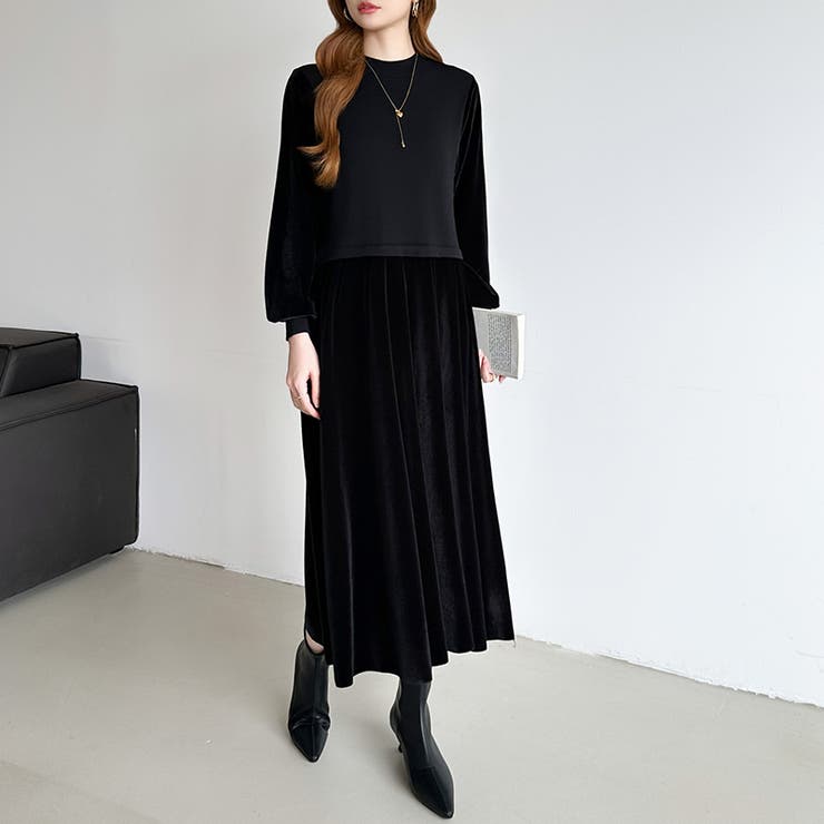 ベロアワンピース ドッキングワンピース オフィスカジュアル | COCOMOMO | 詳細画像19 