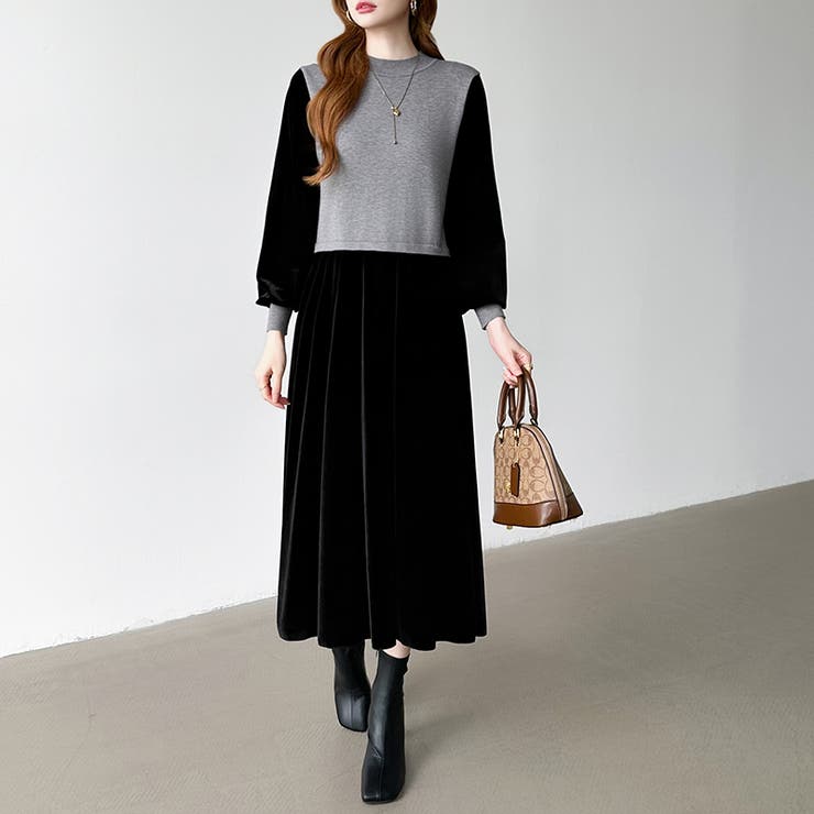 ベロアワンピース ドッキングワンピース オフィスカジュアル | COCOMOMO | 詳細画像2 