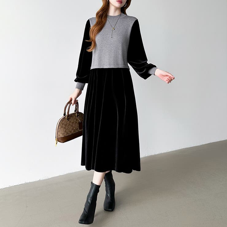 ベロアワンピース ドッキングワンピース オフィスカジュアル | COCOMOMO | 詳細画像3 