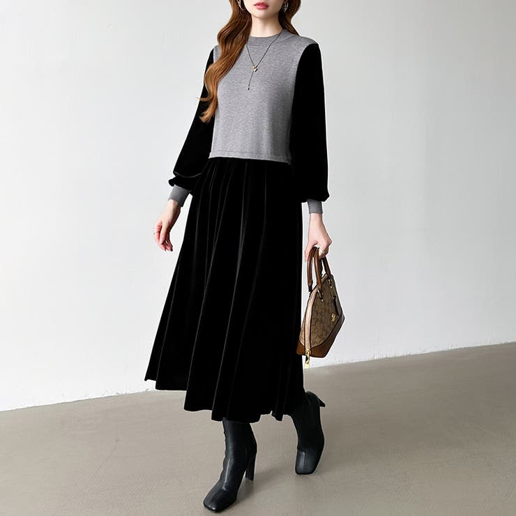 ベロアワンピース ドッキングワンピース オフィスカジュアル | COCOMOMO | 詳細画像4 