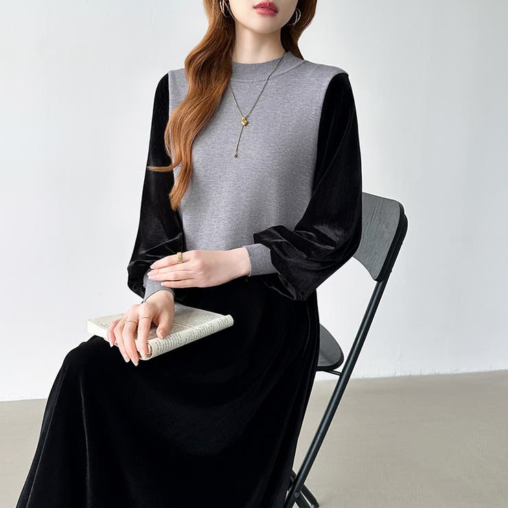 ベロアワンピース ドッキングワンピース オフィスカジュアル | COCOMOMO | 詳細画像6 