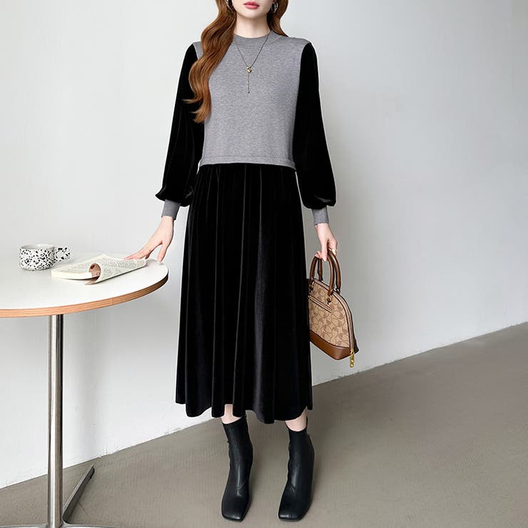 ベロアワンピース ドッキングワンピース オフィスカジュアル | COCOMOMO | 詳細画像9 